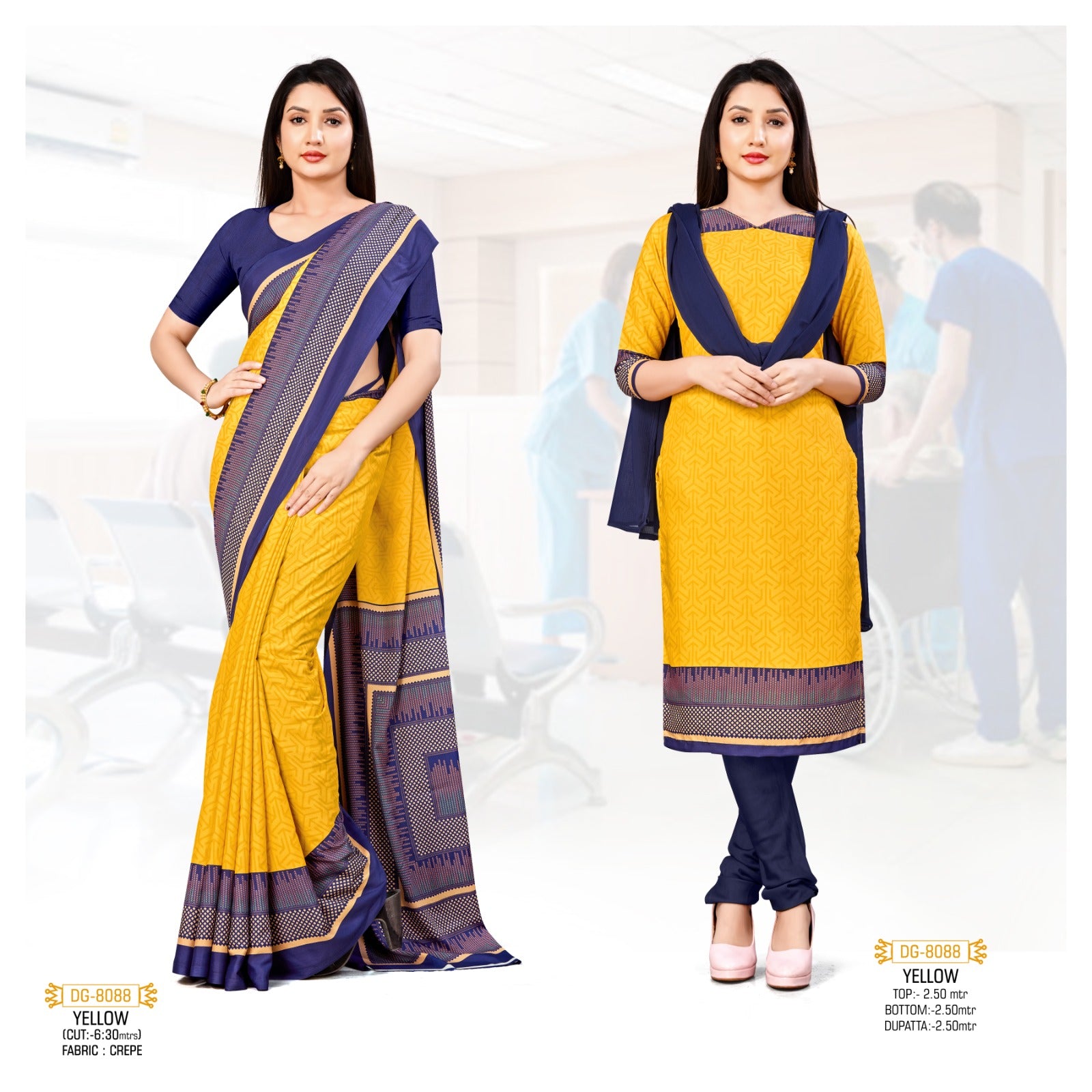 Yellow Gala Border Crepe Saree And Salwar Suit (Uniform Combo)