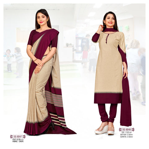 Wine Border Plain Uniform Crepe Saree Salwar Suit (Combo Uniform)