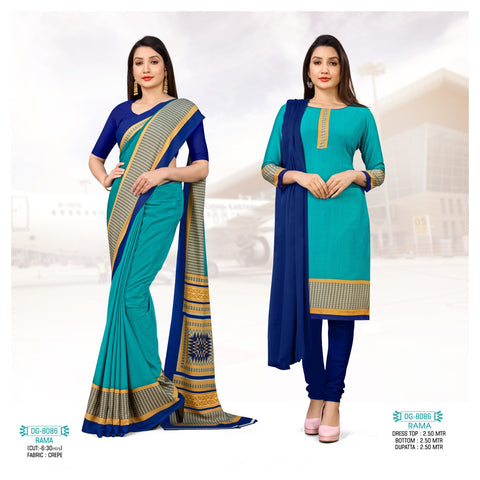 Rama Plain Printed Border Crepe Uniform Saree Suit Combo