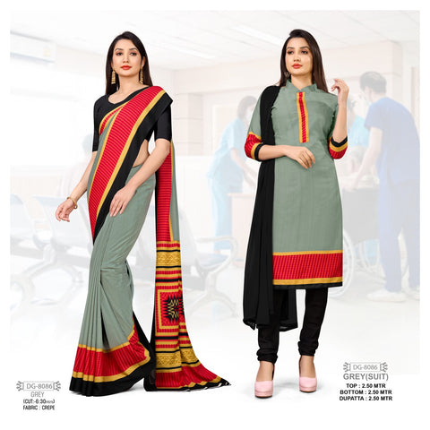 Grey Plain Printed Border Crepe Uniform Saree Suit For Teacher