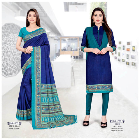 Plain Blue Crepe Uniform Saree Suit For Teacher (Combo Uniform)