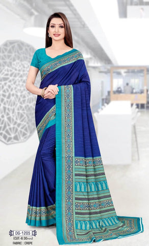 Plain Blue Crepe Uniform Saree For Teachers