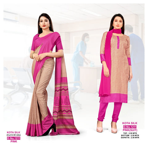 Pink Chex Kota Silk Uniform Suit & Saree (Uniform Combo)