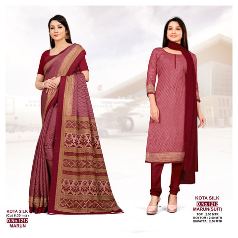 Marun Calico Print Kota Silk Uniform Suit & Saree (Uniform Combo)