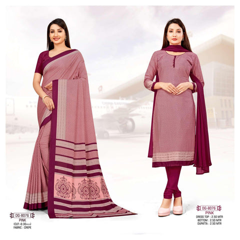 Calico Print Pink Crepe Uniform Suit Saree (Uniform Combo)