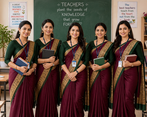 Wine Plain Printed Border Crepe Uniform Saree Suit Combo