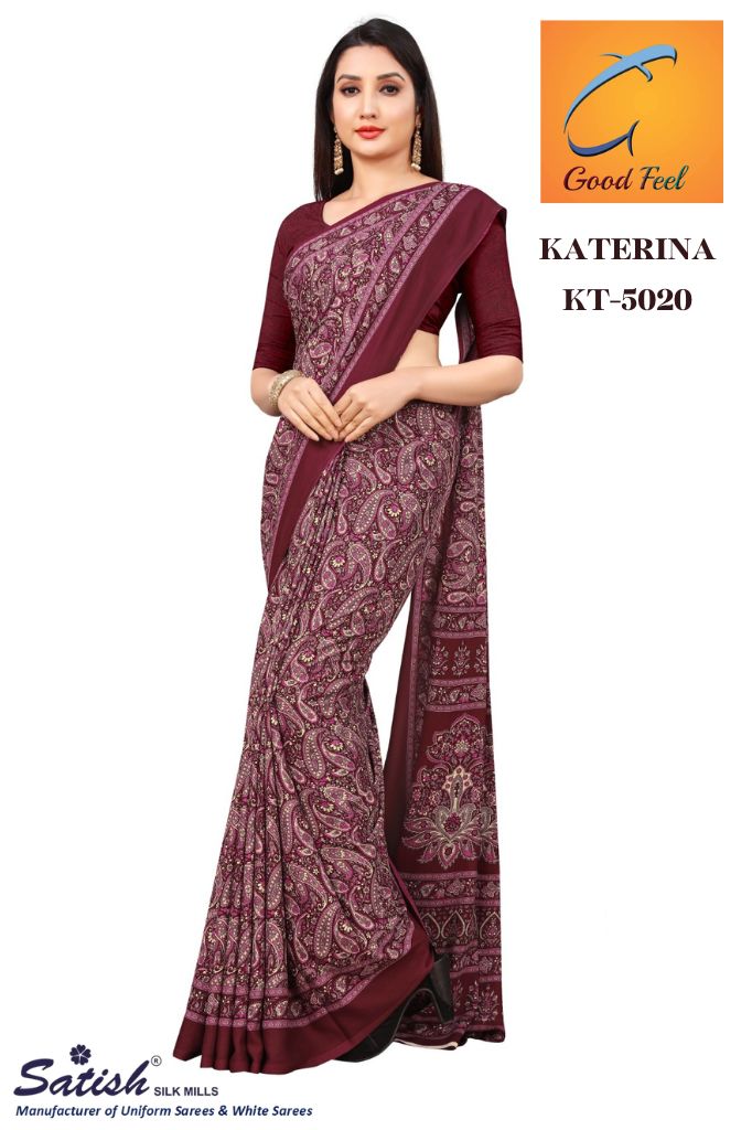 Floral Printed Purple Crepe Uniform Sarees