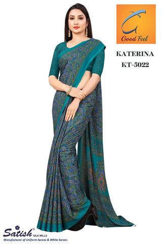 Floral Printed Green Crepe Uniform Sarees