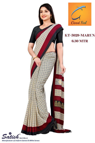 Checks Print Marun Border Crepe Uniform Saree