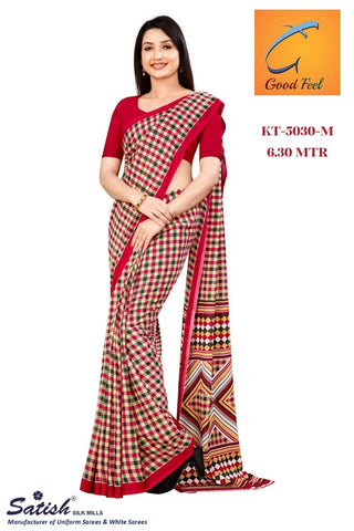 Red Check Printed Crepe Uniform Saree-(KT-5030)