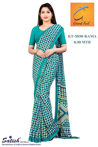 Rama And Blue Checks Crepe Teacher Uniform Saree