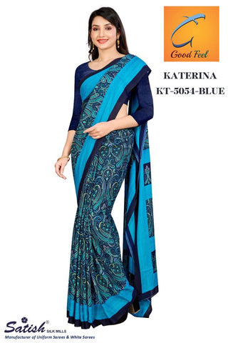 Floral Print Blue Designer Crepe Saree