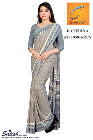 Grey Calico Printed Uniform Crepe Saree For Teacher