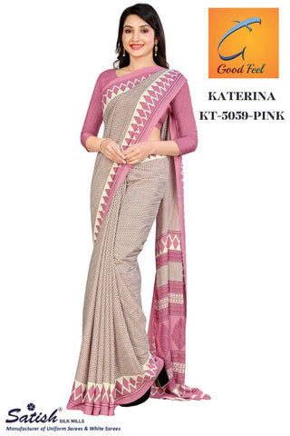 Pink Calico Printed Uniform Crepe Saree For Teacher