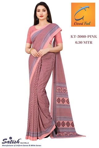 Calico Printed Pink Uniform Crepe Sarees