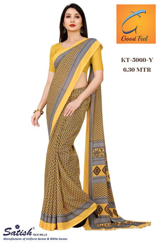 Calico Printed Yellow Uniform Crepe Sarees