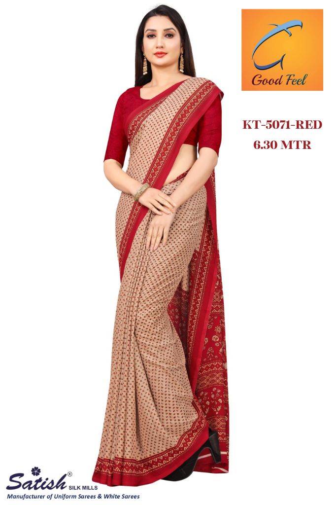 Red Calico Printed Uniform Crepe Saree