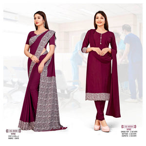 Plain WINE Crepe Uniform Saree & Dress Material (Uniform Combo)