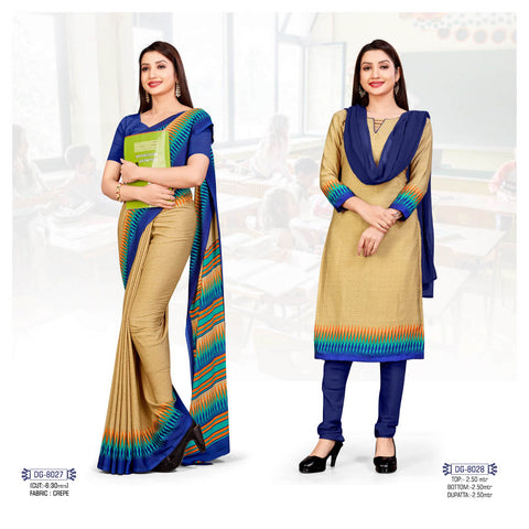 Beige Blue Plain Border Crepe Saree & Salwar Suit (Combo Uniform)