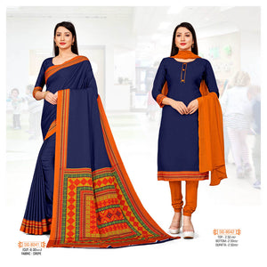 Plain Blue Crepe Uniform Saree & Dress Material (Uniform Combo)