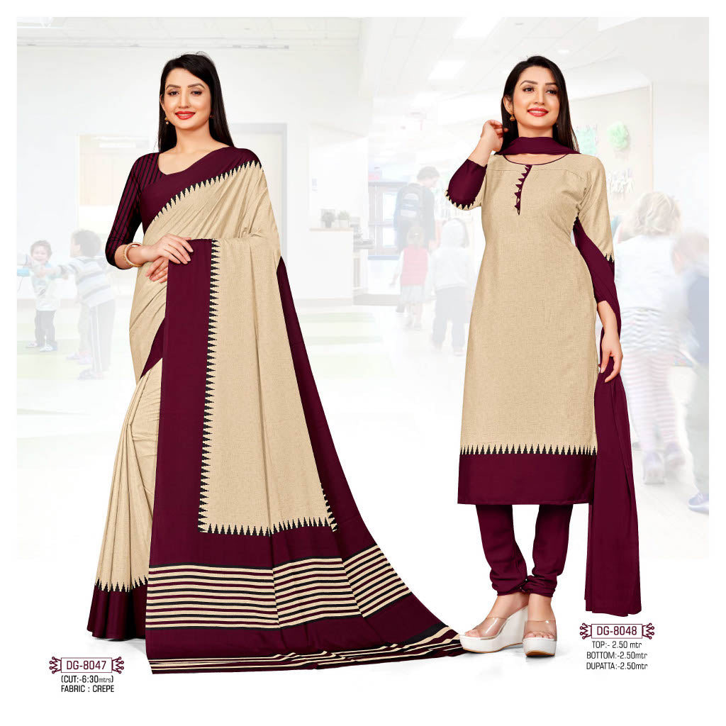 Wine Border Plain Uniform Crepe Saree Salwar Suit (Combo Uniform)