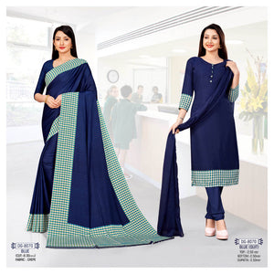 Plain Blue Chex Border Crepe Saree & Salwar Suit (Combo Uniform)