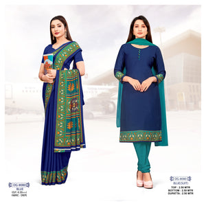 Crepe Plain Blue Uniform Suit & Saree Combo