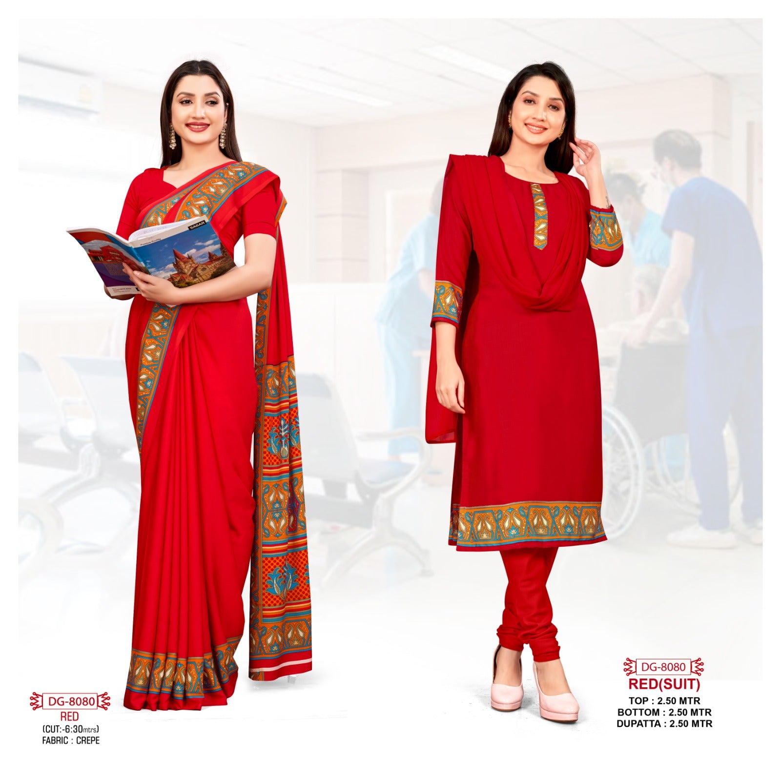 Crepe Plain Red Uniform Suit & Saree Combo