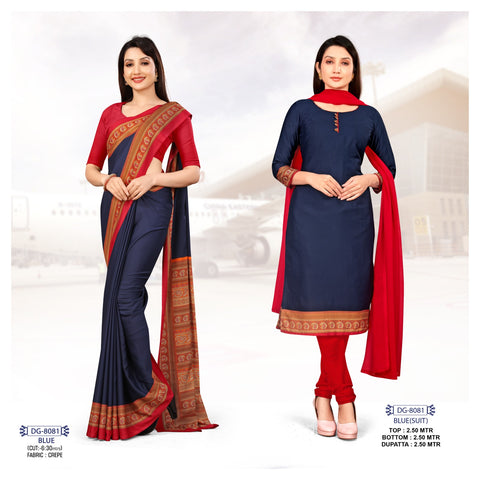 Blue Crepe Teacher Uniform Suit & Saree Combo