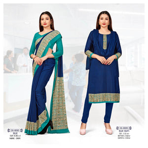 Blue Plain Printed Border Crepe Uniform Saree Suit Combo