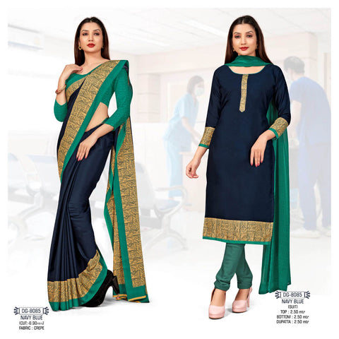 Navy Blue Plain Printed Border Crepe Uniform Saree Suit Combo