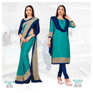 Turquoise Plain Printed Border Crepe Uniform Saree Suit Combo