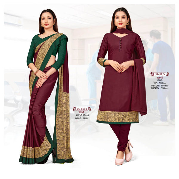 Wine Plain Printed Border Crepe Uniform Saree Suit Combo