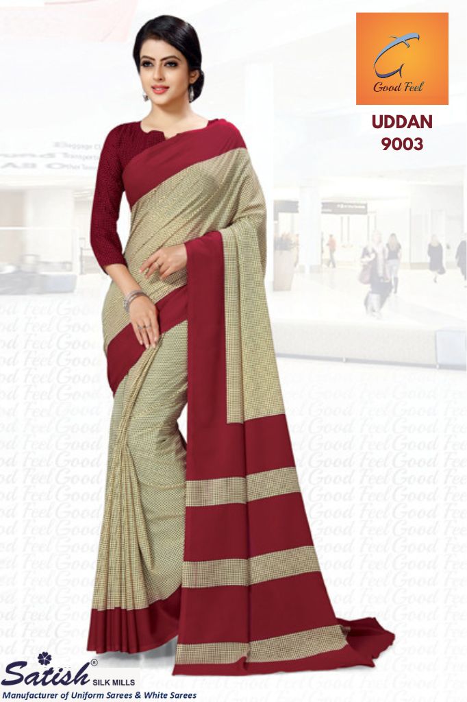 Checks Printed Beige And Maroon Chiffon Uniform Sarees