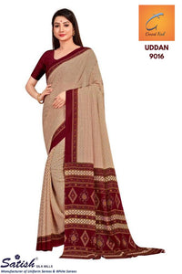 Calico Printed Beige And Maroon Chiffon Uniform Sarees