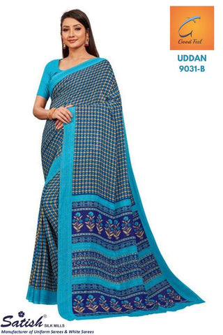 Designer Calico Printed Blue Chiffon Uniform Saree