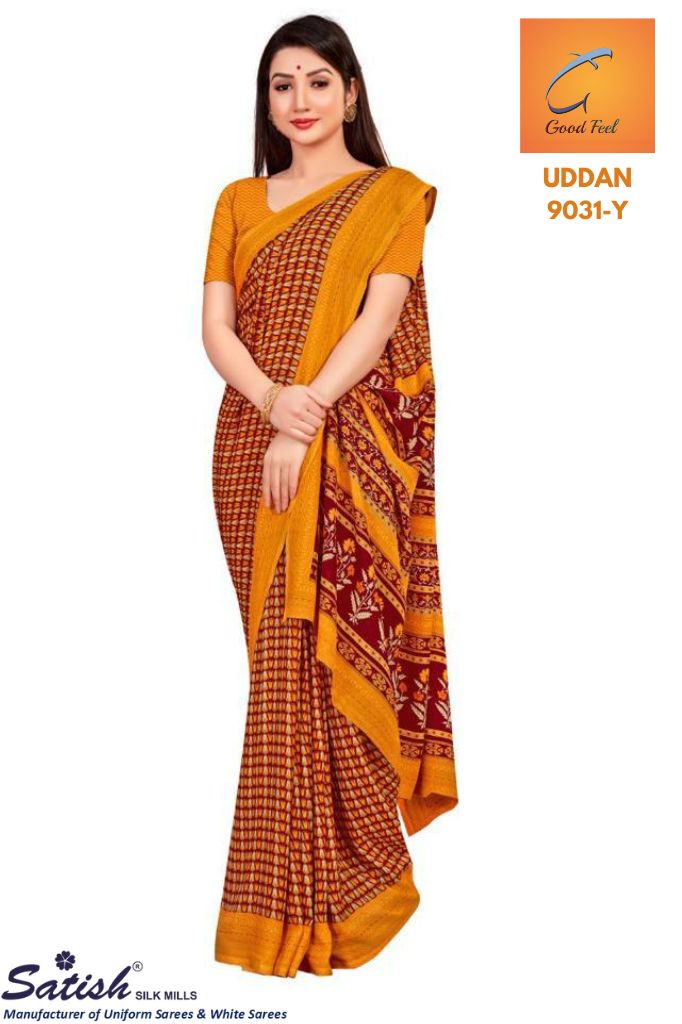 Designer Calico Printed Yellow Chiffon Saree