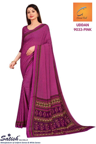 Calico Printed Pink Designer Chiffon Uniform Saree