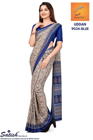 Floral Printed Blue Chiffon Uniform Sarees