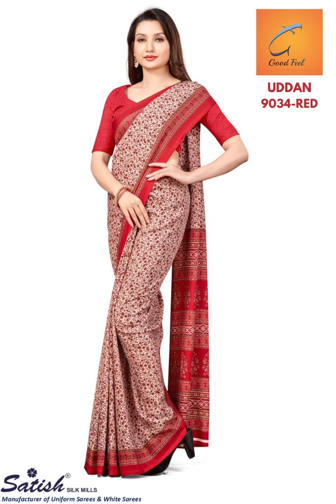 Floral Printed Marun Chiffon Uniform Sarees