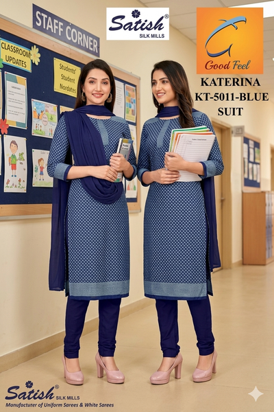 Calico Printed Blue Dull Crepe Uniform Salwar Suit With Dupatta for Teacher