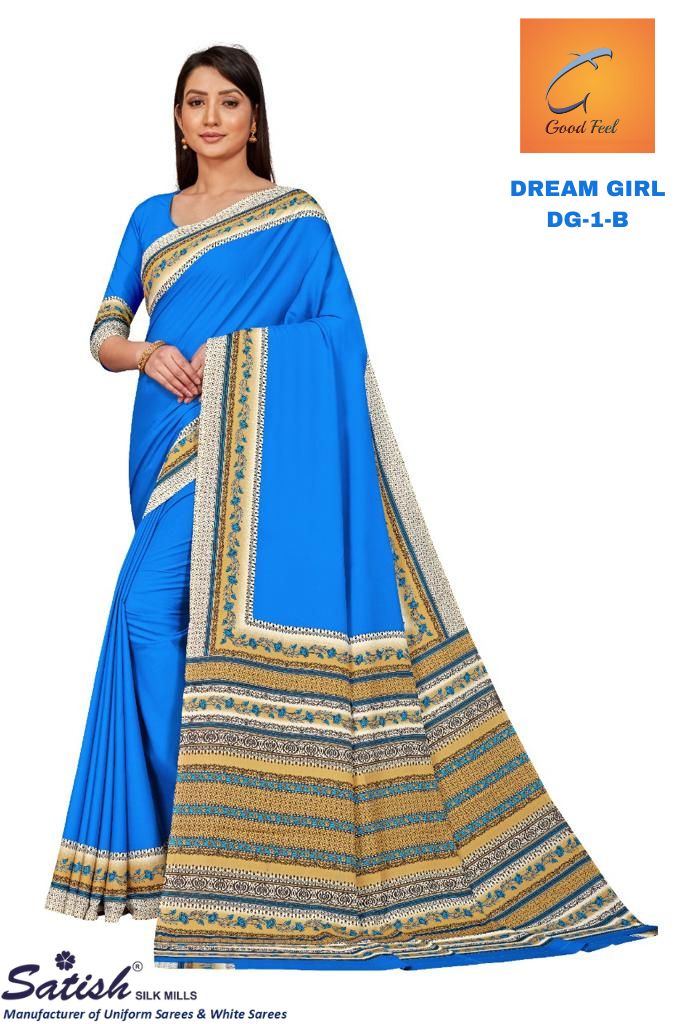 Blue Plain Crepe Uniform Saree (DG-1)