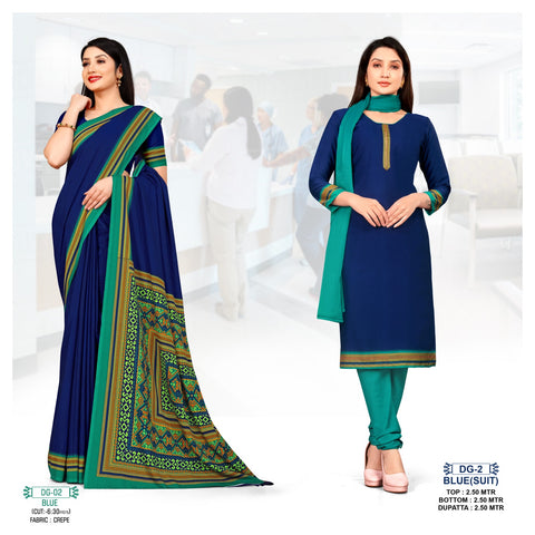 Plain Blue Crepe Uniform Suit & Saree Combo