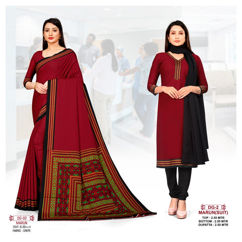 Plain Marun Crepe Uniform Suit & Saree Combo