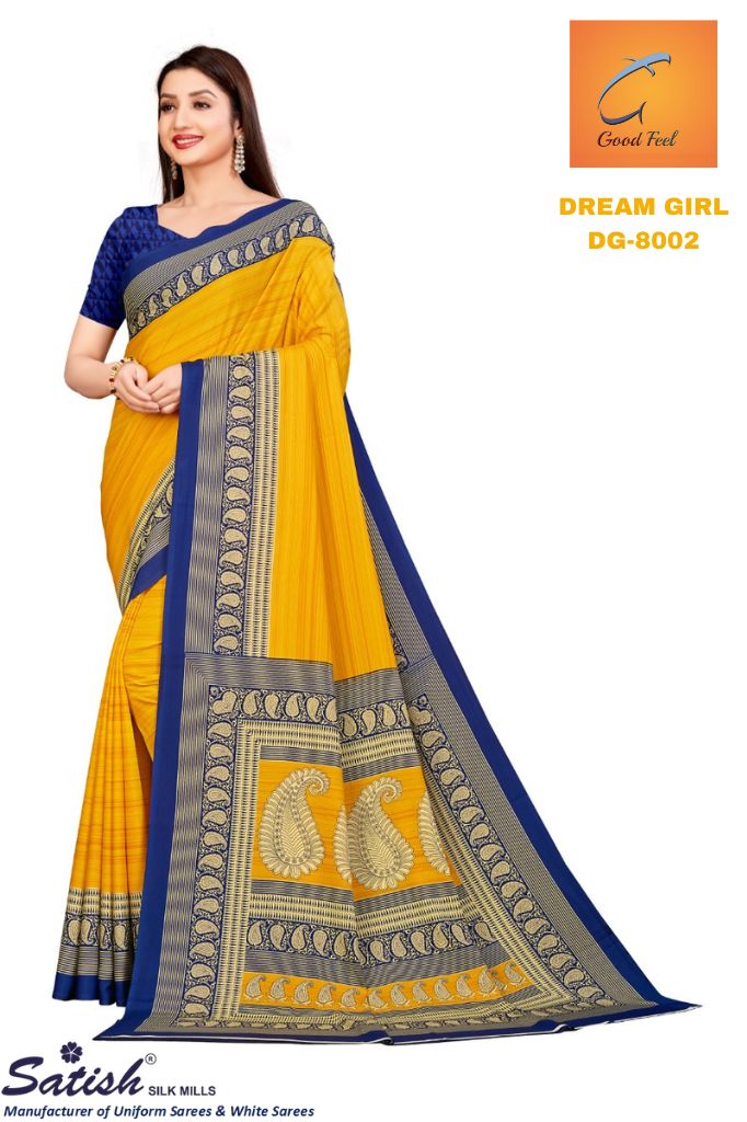 Plain Yellow Crepe Uniform Saree (DG-8002)