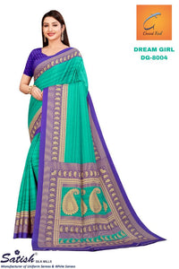 Plain Printed Border Turquoise And Purple Crepe Uniform Sarees