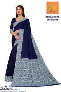 Plain Blue Printed Border Crepe Uniform Saree