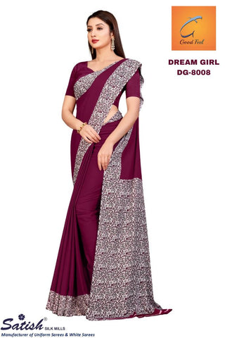 Plain Printed Border Dark Purple Crepe Uniform Saree