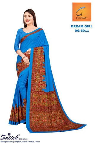 Printed Border Plain Based Blue Crepe Uniform Sarees