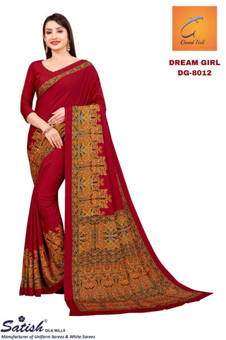 Printed Border Plain Based Maroon Crepe Uniform Sarees